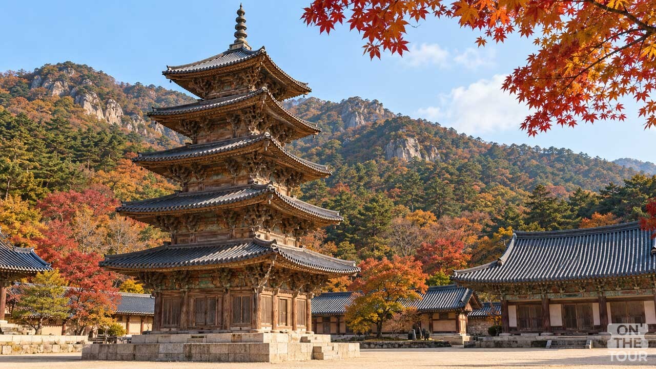 가을빛으로 물든 속리산을 배경으로 서 있는 보은 법주사 팔상전. (AI 생성) / 온더투어
