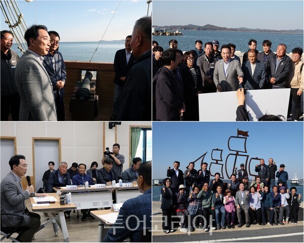 ▲박수현 충남도지사가 지난 10일 보령시 고대도와 원산도를 차례로 방문해 항만 개발사업 추진 상황과 섬비엔날레 준비 현황을 점검하고 있다. /사진-충남도(편집 류석만 기자)