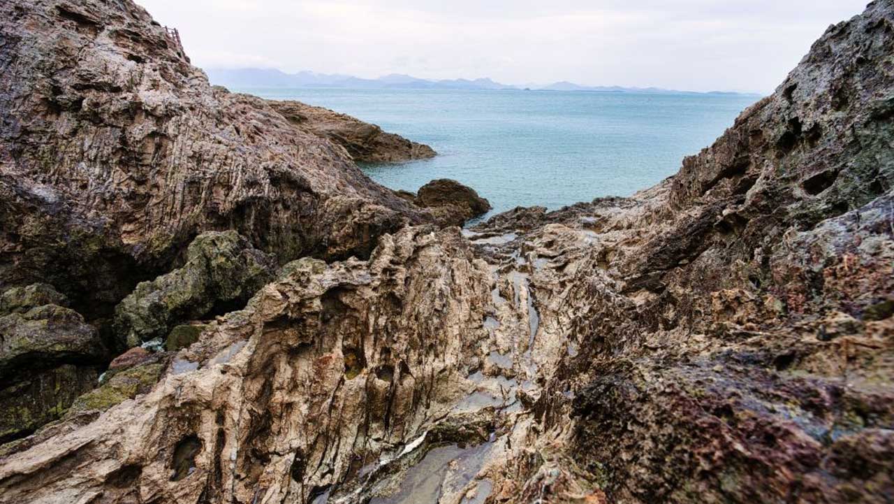바닷물이 빠지면서 모습을 드러낸 변산반도 해안의 거친 갯바위. / 부안변산마실길