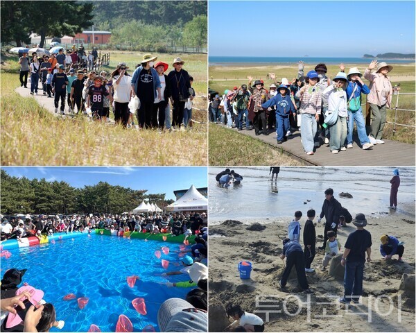 ▲(上)10일 2026 대한민국 사구축제 진행 모습, (下)왼쪽부터 어린이 물고기 잡이 체험, 모래조각 체험교실. /사진-태안군(편집 류석만 기자)