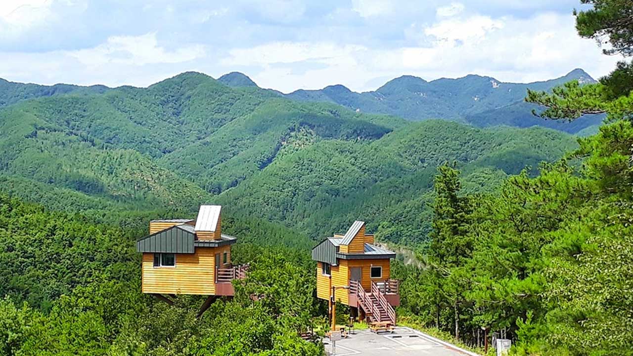 무주 산자락을 배경으로 자리한 숲속 나무집. / 투어전북