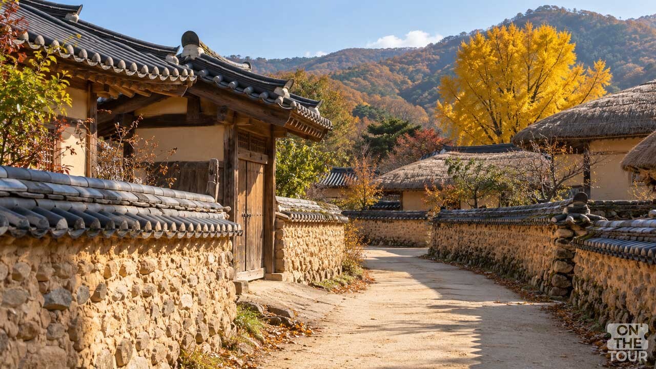 기와집과 초가집 사이로 흙길이 이어지는 안동 하회마을. (AI 생성) / 온더투어