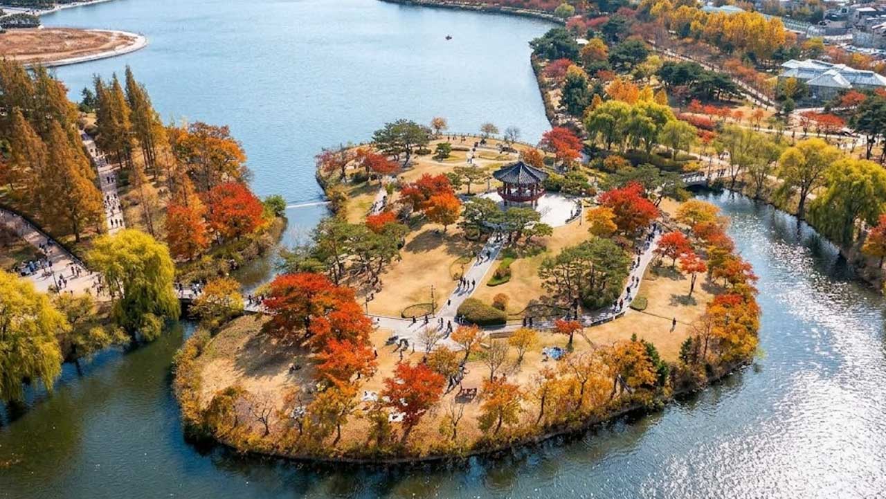 가을 단풍으로 물든 일산호수공원 달맞이섬과 월파정 전경. / 고양특례시