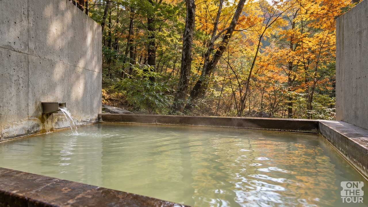 따뜻한 물에 몸을 담그고 숲을 바라보며 쉬어가는 필례온천 노천탕. (AI 생성) / 온더투어