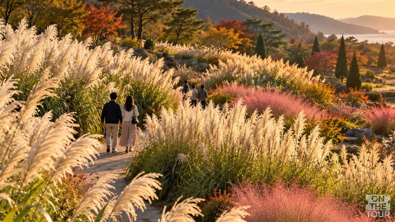 강변 꽃단지에 팜파스그라스와 핑크뮬리, 붉은 댑싸리 등 다양한 가을 식물이 펼쳐진 모습. (AI 생성) / 온더투어