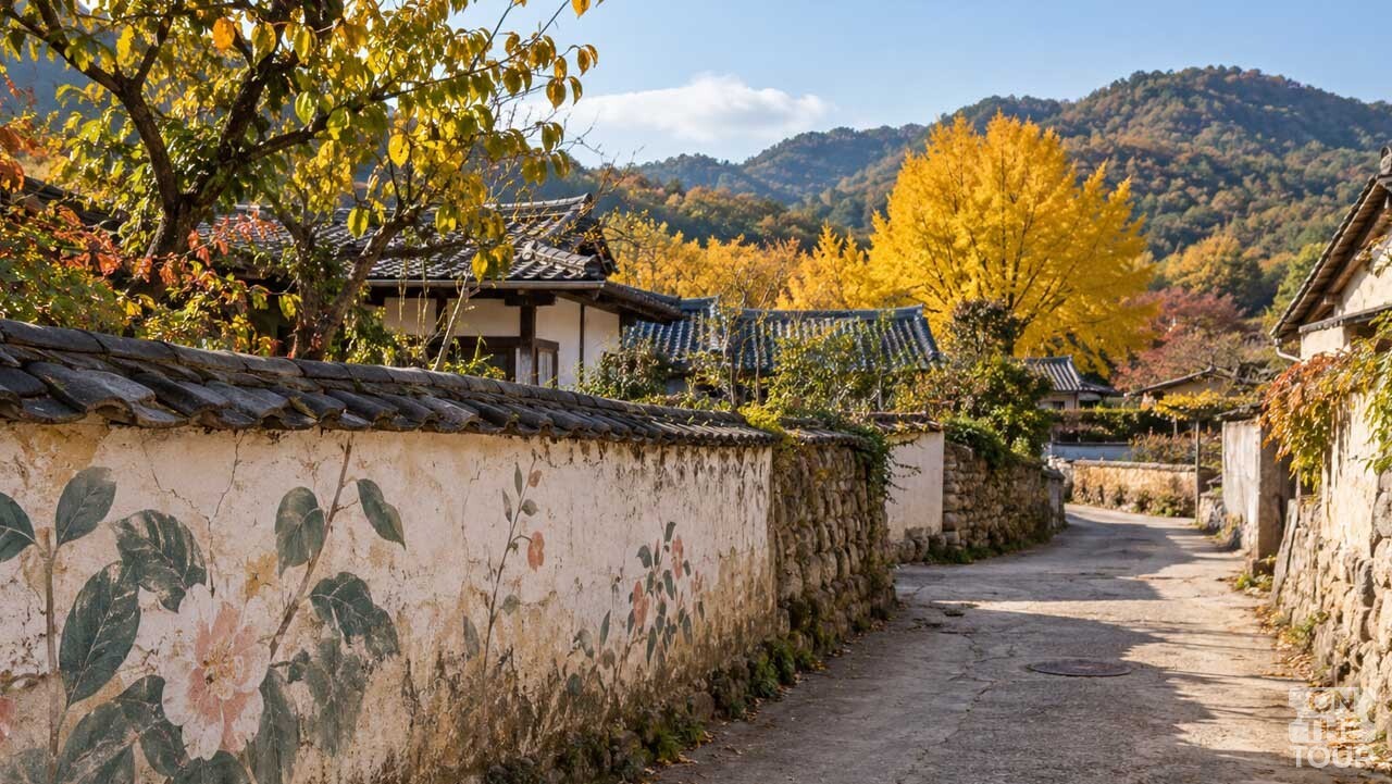 벽화가 그려진 담장을 따라 걷는 가을 마을 골목. (AI 생성) / 온더투어
