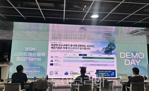(재)울산창조경제혁신센터(이하 울산창경)는 울산항만공사와 함께 지난 14일 종하이노베이션센터 6층 U-STAR 홀에서 ‘2026 스마트해운물류 창업Flame 성과 발표회(데모데이)’를 개최했다./사진-울산창조경제혁신센터
