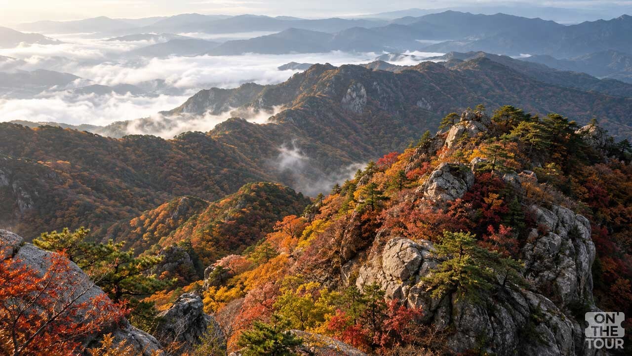 옅은 운무 사이로 붉고 노란 단풍 능선이 펼쳐진 치악산 가을 풍경. (AI 생성) / 온더투어