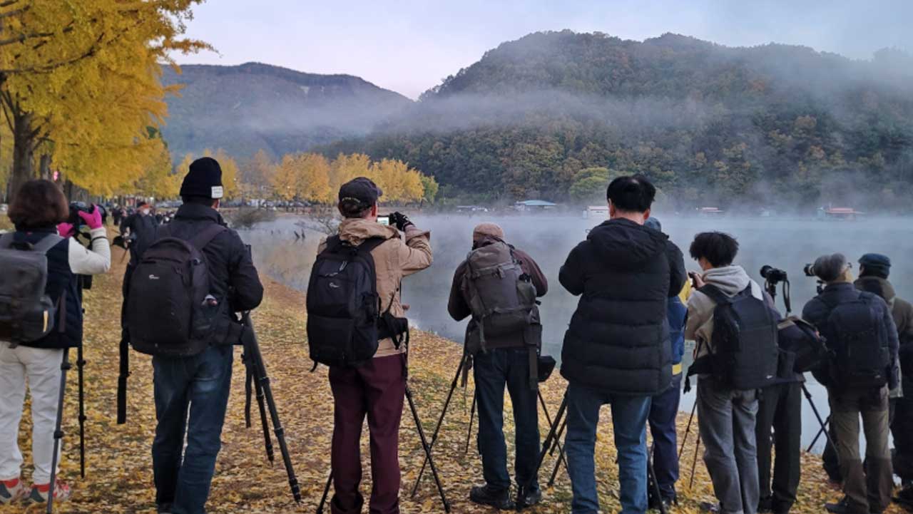 이른 아침 물안개가 낀 문광저수지에서 관람객들이 삼각대를 세우고 호수 풍경을 찍고 있다. / 충북 공식 SNS