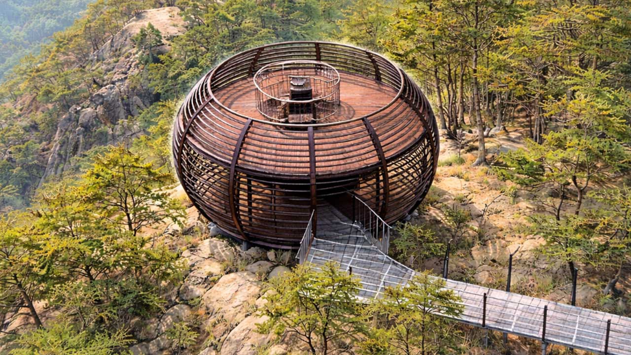 경남 거창 우두산 하늘구비길의 둥지전망대를 위에서 본 모습. / 숲나들e