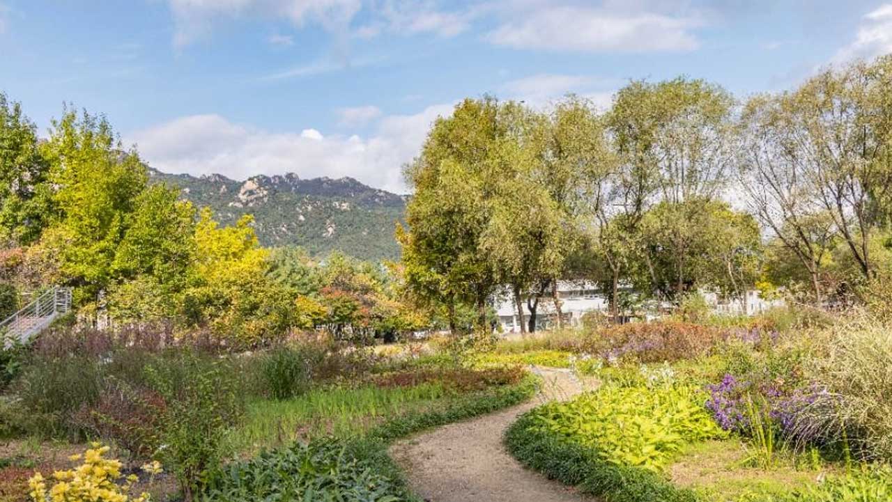 경남 거창 창포원 정원의 흙길이 산자락을 배경으로 화단 사이를 굽이쳐 이어진다. / 대한민국 구석구석