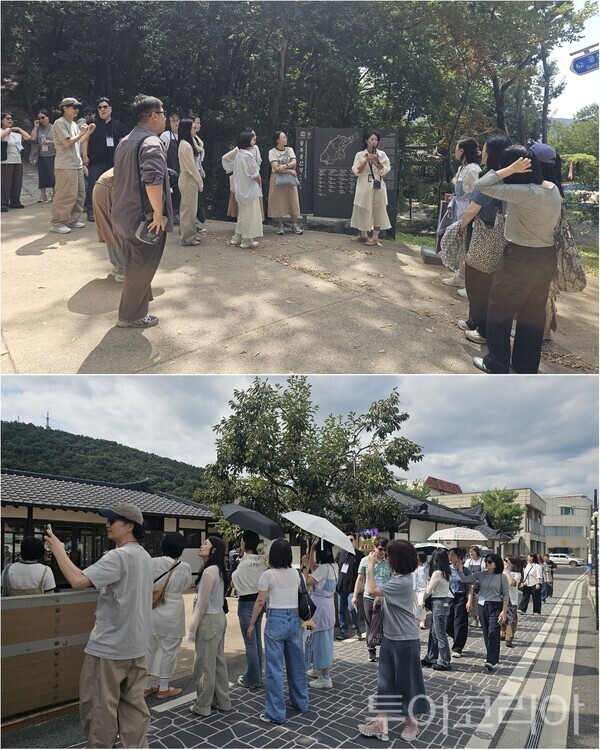▲공주시 제민천길이 드라마 작가들의 마음을 사로잡으며 충남을 대표하는 영상 콘텐츠 촬영 명소로 주목받고 있는 가운데, 한국방송작가협회 회원들이 공산성(上)과 공주하숙마을(下)에서 팸투어를 하고 있다. /사진-공주시(편집 류석만 기자)