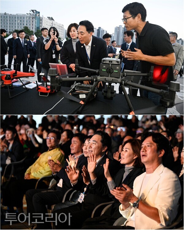 ▲박수현(上 오른쪽 두 번째) 충남도지사가 김영미(세 번째) 여사와 함께 전시된 드론을 살펴보고 있다. (下)오른쪽부터 배우 정준호, 김영미 여사, 박수현 충남도지사. /사진-충남도(편집 류석만 기자)