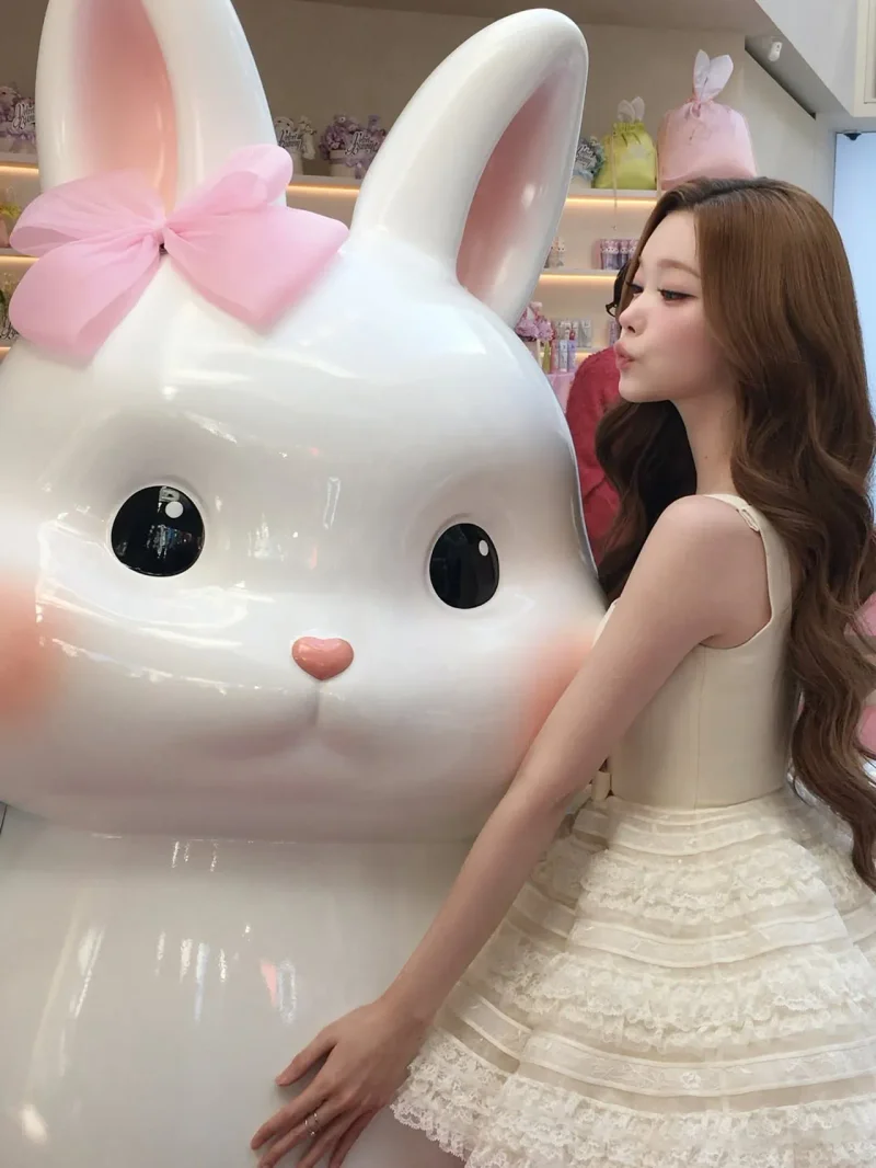 핑크 리본 토끼 조형물 옆에서 포즈를 취한 츠키 / 사진=인스타그램 @bunny9tsuki