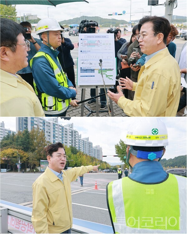 ▲허태정 대전시장은 19일 오전 대덕대교(구교) 교량개축공사 현장을 방문해 공사 추진상황과 교통통제에 따른 혼잡 완화 대책을 점검하고 있다. /사진-대전시(편집 류석만 기자)