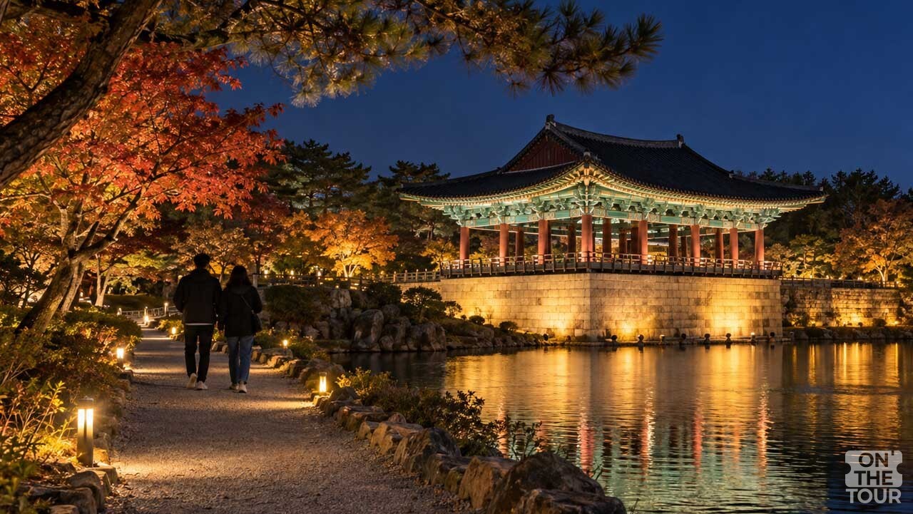 경북 경주 동궁과 월지에서 전각의 야경을 바라보며 연못 옆을 걷는 모습. (AI 생성 이미지) / 온더투어
