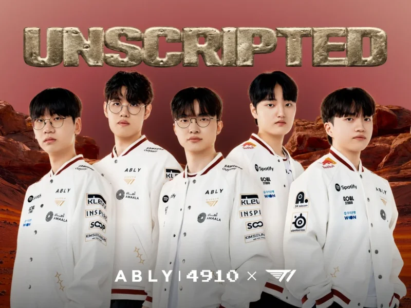 에이블리·4910이 판매하는 'UNSCRIPTED' 테마 2026 T1 월즈 유니폼을 입은 선수단으로 보이는 화보. / 사진=에이블리·4910