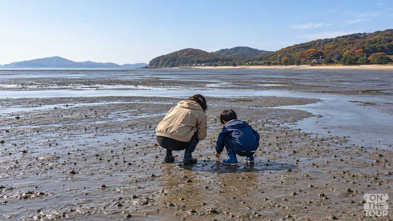 인천 강화 동막해변에서 부모와 아이가 물이 빠진 갯벌을 살펴보는 모습. (AI 생성) / 온더투어