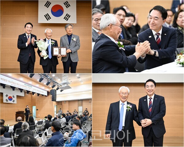 ▲박수현 충남지사가 참석한 가운데 21일 만희복지재단 박형만 이사장이 도내 취약계층의 생활안정을 위해 1억원의 성금을 기탁하고, 충남사회복지공동모금회 고액기부자 모임인 ‘아너 소사이어티’ 충남 210호 회원으로 가입했다. /사진-충남도(편집 류석만 기자)
