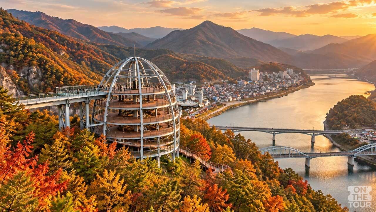 단풍으로 물든 산자락과 남한강을 내려다보는 충북 단양 만천하스카이워크. (AI 생성 이미지) / 온더투어