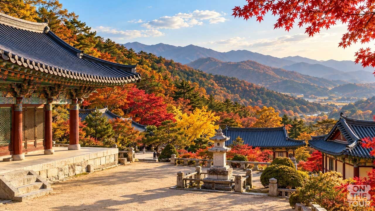 단풍으로 물든 소백산 자락과 천년 사찰의 기와지붕이 어우러진 영주 부석사. (AI 생성 이미지) / 온더투어