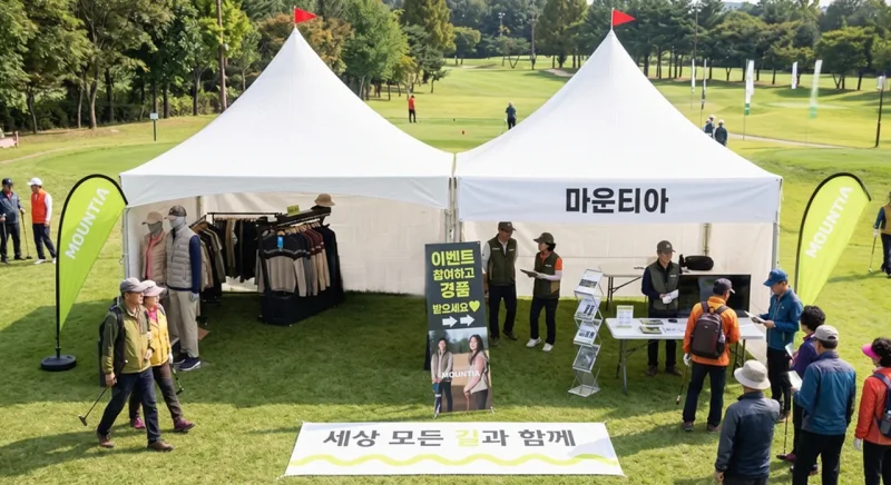 마운티아는 대회장에 파크골프 라인 제품을 전시하는 DP존과 경품 이벤트존을 갖춘 홍보 부스를 운영한다. / 사진=마운티아(AI 활용 부스 예시 이미지)