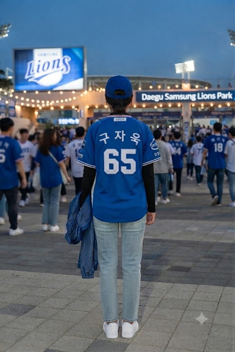 삼성 블루 계열 저지에 긴팔 이너와 경량 플리스 집업을 겹쳐 입고 연청 데님을 맞춘 가을야구 직관 룩 콘셉트. / 사진=생성형 AI