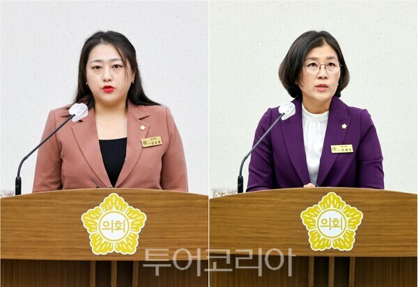 ▲왼쪽부터, 5분 발언 중인 당진시의회 김초롱 의원과 최재인 의원. /사진 편집-류석만 기자