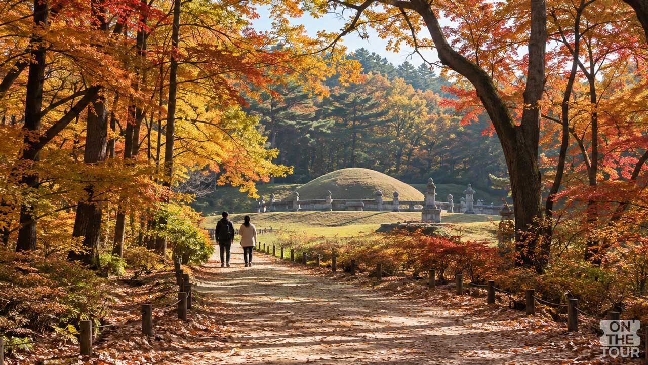 붉고 노란 단풍으로 물든 조선왕릉의 가을 산책로. (AI 생성) / 온더투어