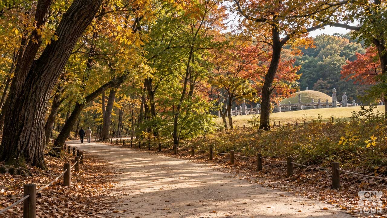 경기 구리 동구릉의 울창한 숲과 왕릉 주변 산책길. (AI 생성) / 온더투어