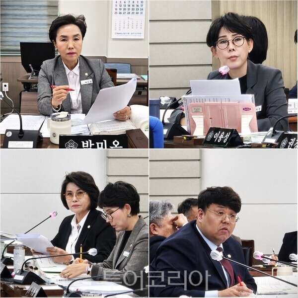 ▲(上)왼쪽부터 시계방향. 집행기관을 대상으로 행감 질의에 나선 공주시의회 박미옥(다 선거구) 의원, 이지은(비례) 의원, 오재원(나 선거구) 의원, 임흔구(비례·왼쪽) 의원. /사진·편집-류석만 기자