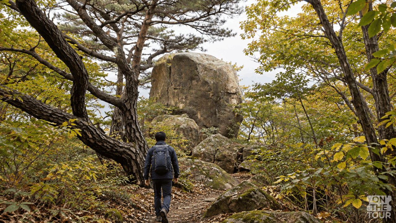 가을빛이 내려앉은 광주 무등산 의상대 주변 숲길을 걷는 탐방객 (AI 생성 이미지). / 온더투어