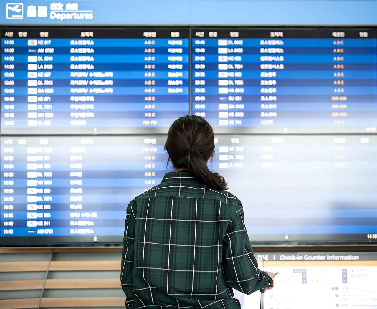 공항 일정을 바라보는 여행객의 뒷모습. / bigshot01-shutterstock.com