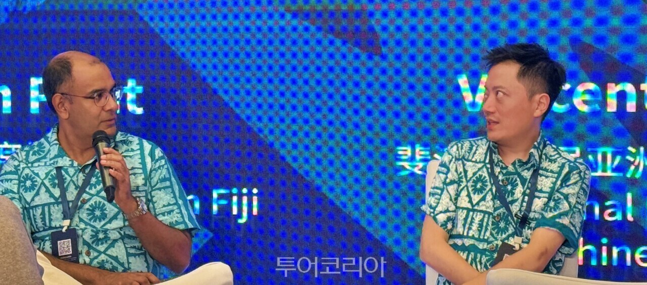 파레쉬 판트(Paresh Pant) 피지관광청 최고경영자(CEO) 겸 관광청장과 빈센트 정(Vincent Zheng) 피지관광청 아시아·글로벌 중국시장 지역 디렉터, 비비 장(Vivi Zhang) 피지관광청 중화권 홍보 담당자 /사진-투어코리아