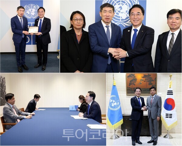 ▲(上)박수현 충남지사가 26일(현지 시각) 뉴욕 UNDP 본부에서 쉬 하오량 UNDP 부총재를 만나 충남의 AI 정책과 지속 가능한 발전 구상을 설명하고 협력 방안을 논의한 뒤, 차지훈(下) 주유엔 대한민국 대표부 대사를 만나 충남의 AI 정책과 국제 협력 구상을 설명했다. /사진-충남도(편집 류석만 기자)