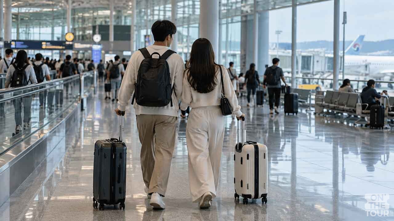여행 가방을 끌고 공항 출국장으로 향하는 신혼부부. / 사진=온더투어