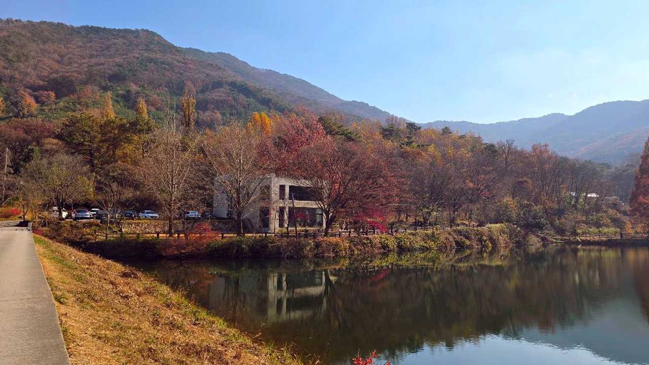 충남 공주 불장골저수지 물가. / 충청남도