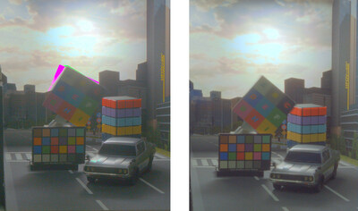 Left: Multiple exposure imaging on a conventional product*4(artifacts observed), Right: Single exposure imaging on IMX908 (fewer artifacts)