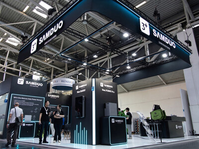 SAMDUO booth at Intersolar Europe 2026 showcasing the Nex E Series and Nex P Series