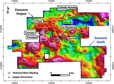 Figure 1 – Escacena Project gravity anomaly map showing Cañada Honda, La Romana, Escacena South (expanded) and priority exploration targets